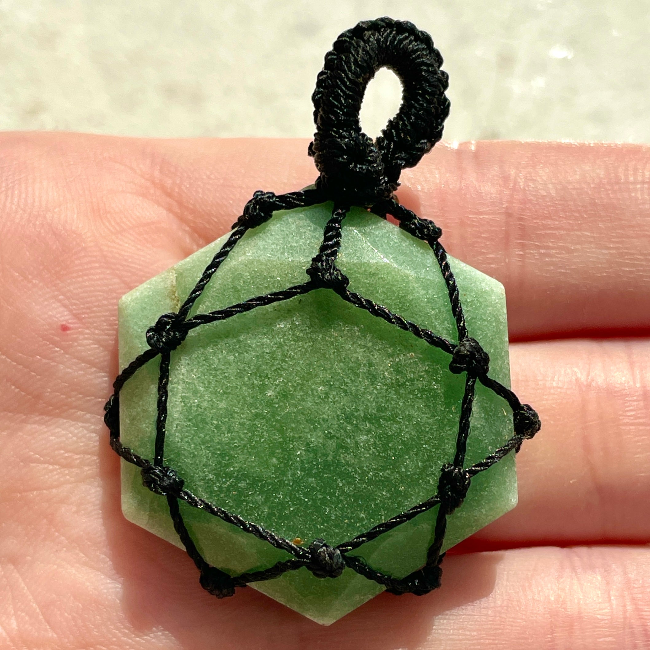 Green Aventurine - Macrame Wrapped Hexagonal Pendant