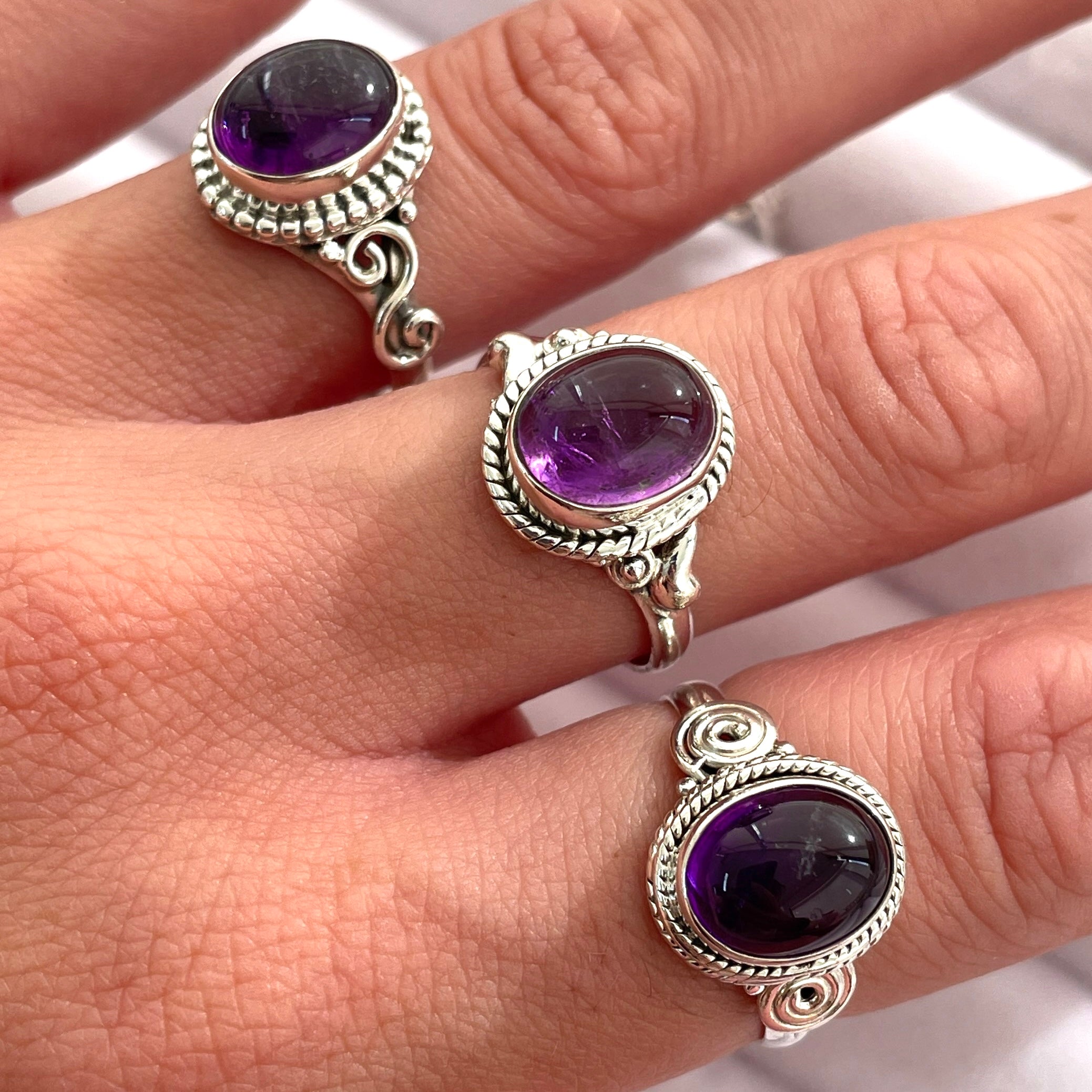 Amethyst Oval St. Silver Ring - Assorted Band SR7