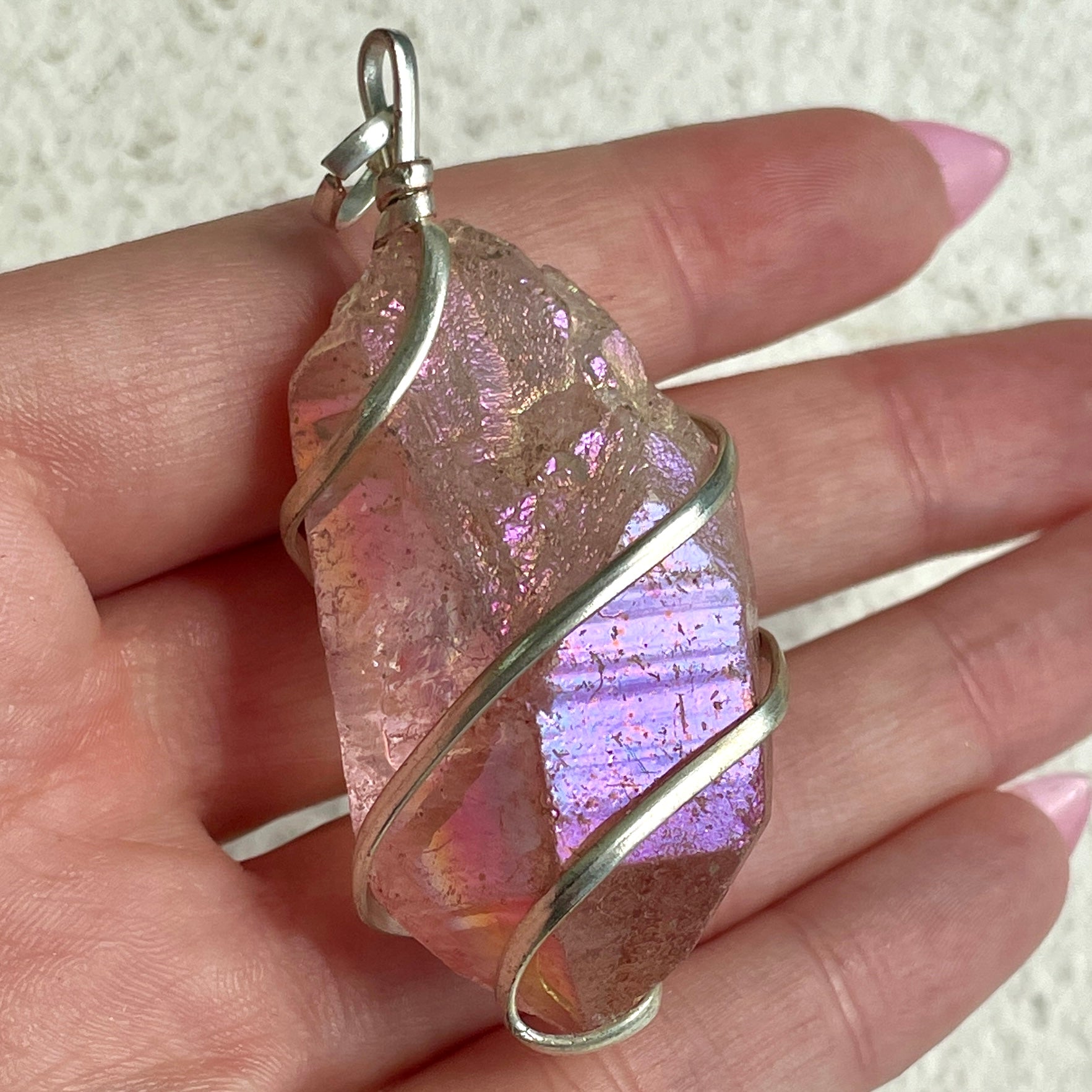 Wire Wrapped Rough Pendant - Pink Aura