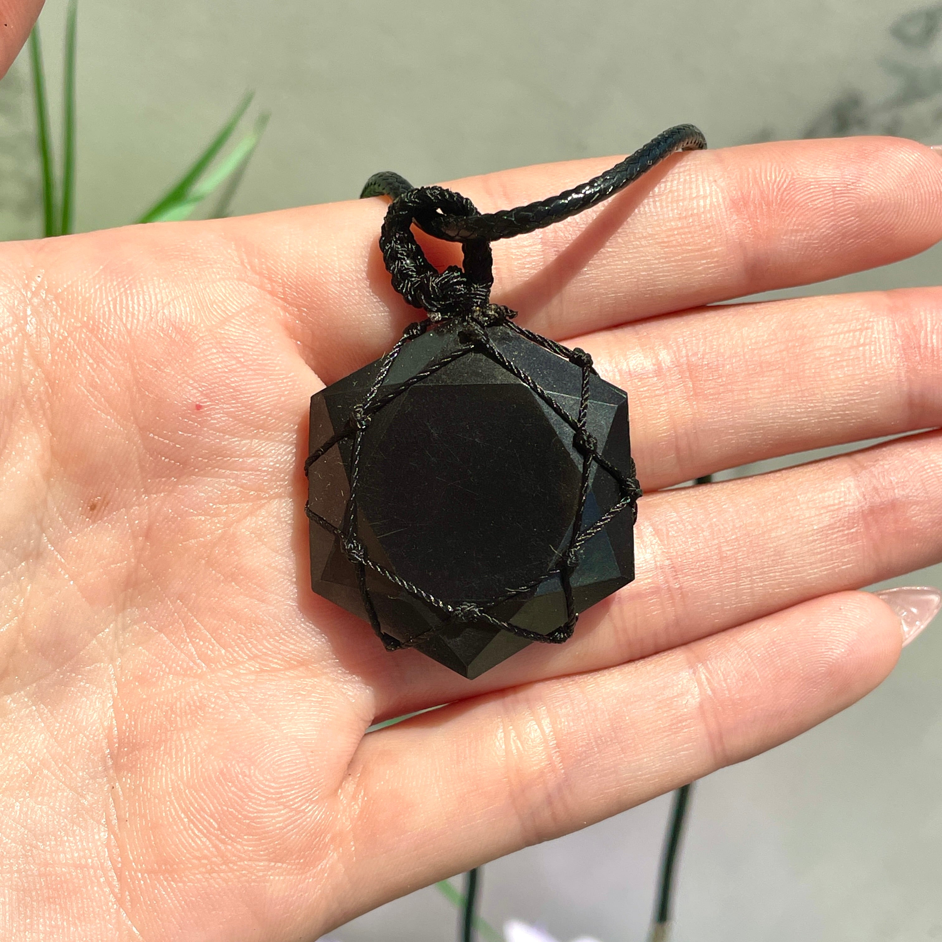 Black Obsidian Macrame Wrapped Hexagonal Pendant