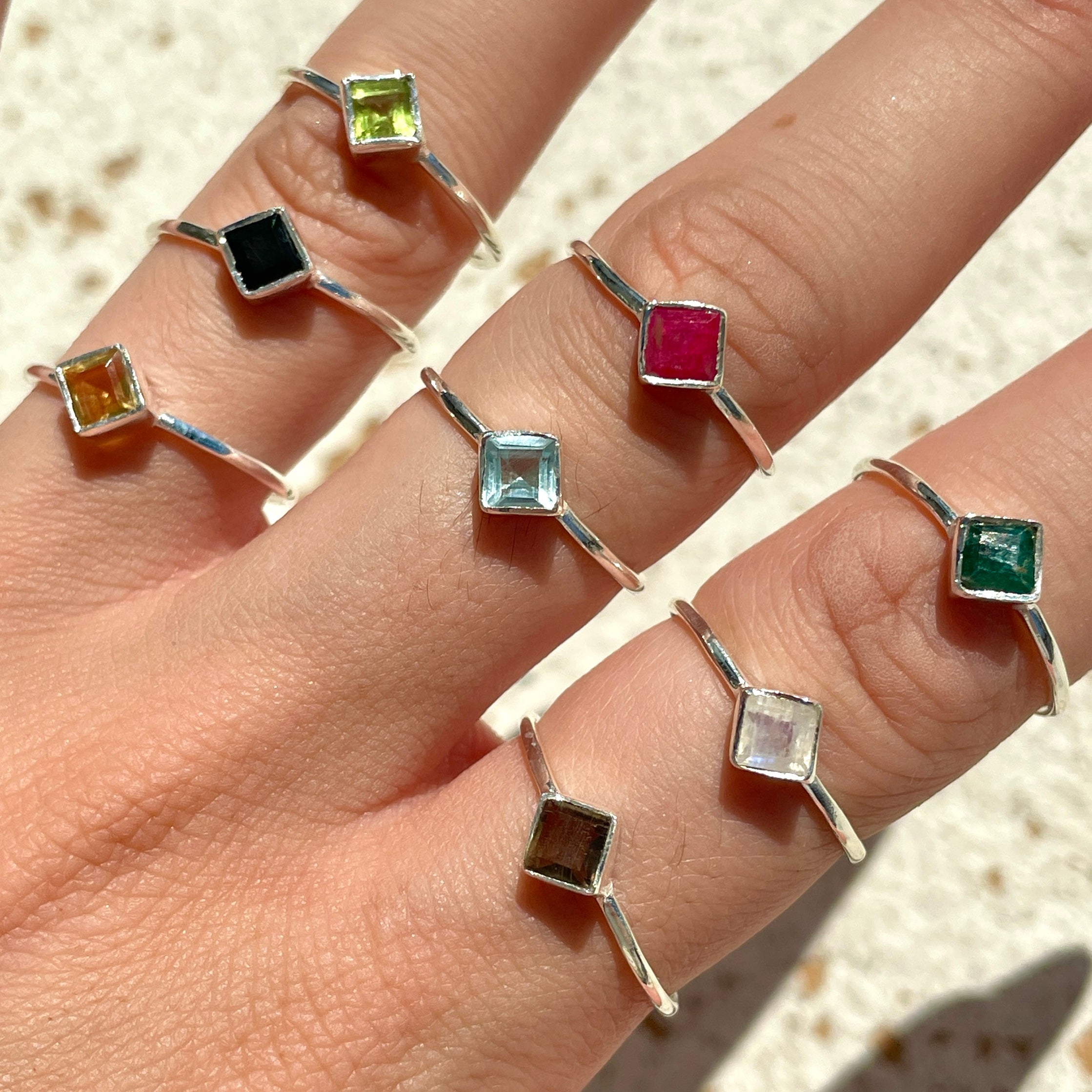 Rainbow Moonstone Mini Square Diamond Ring