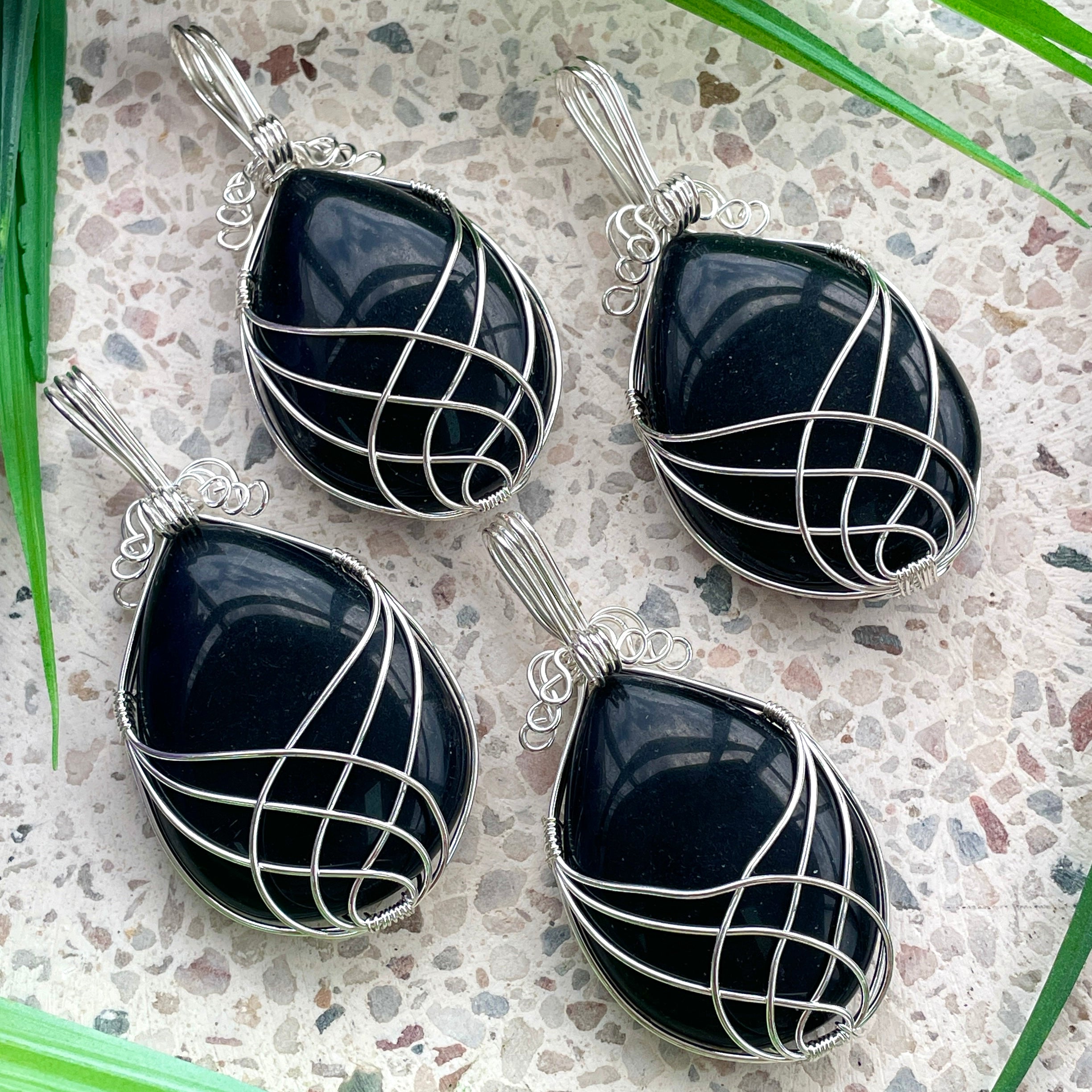 Black Agate Wire Wrapped Cabochon Pendant