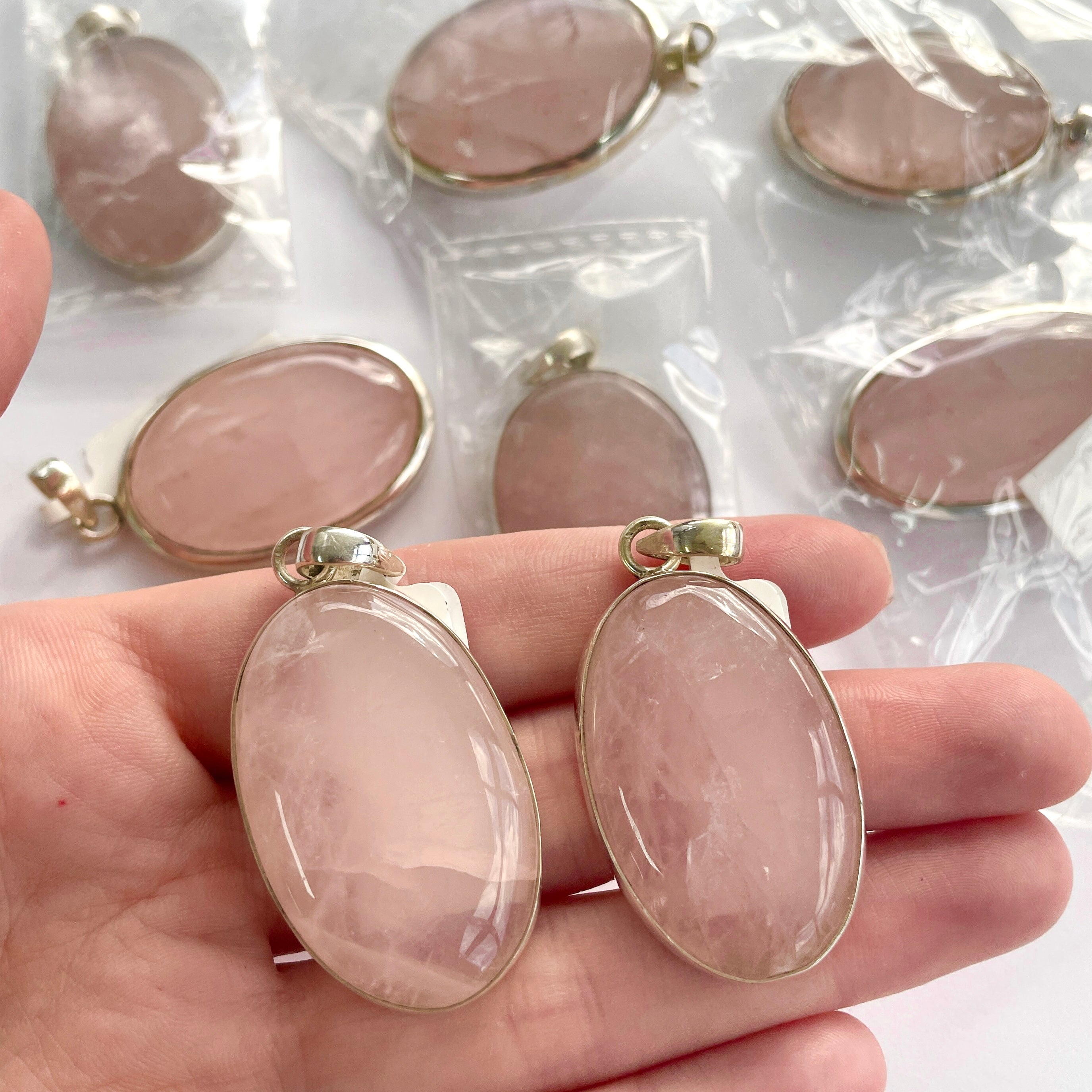 Rose Qtz-Oval St.Silver Pendant-LRG-SP134