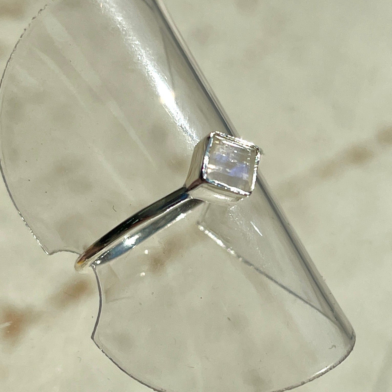 Rainbow Moonstone Mini Square Diamond Ring