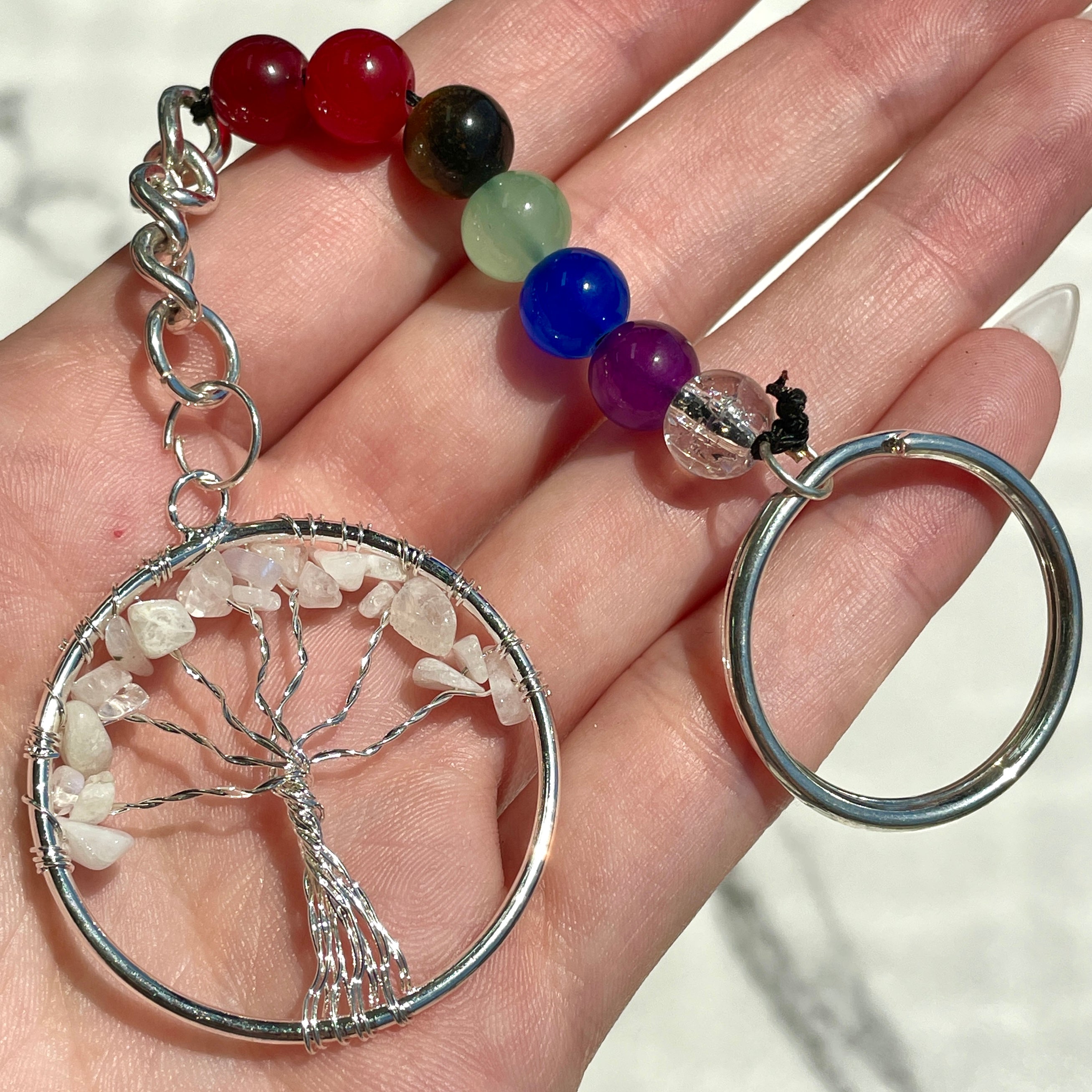 Rainbow Moonstone Chakra Tree of Life Keyring