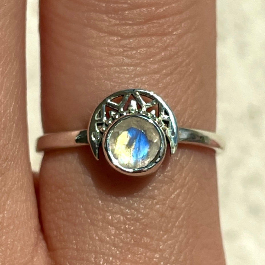 Rainbow Moonstone Crescent Moon Ring