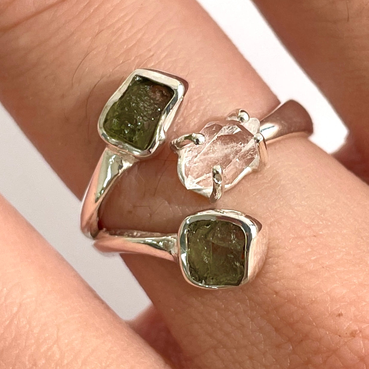 Moldavite & Herkimer Diamond Ring - M60