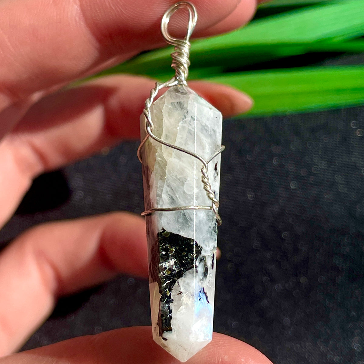 Rainbow Moonstone Pendant - Wire Caged DT