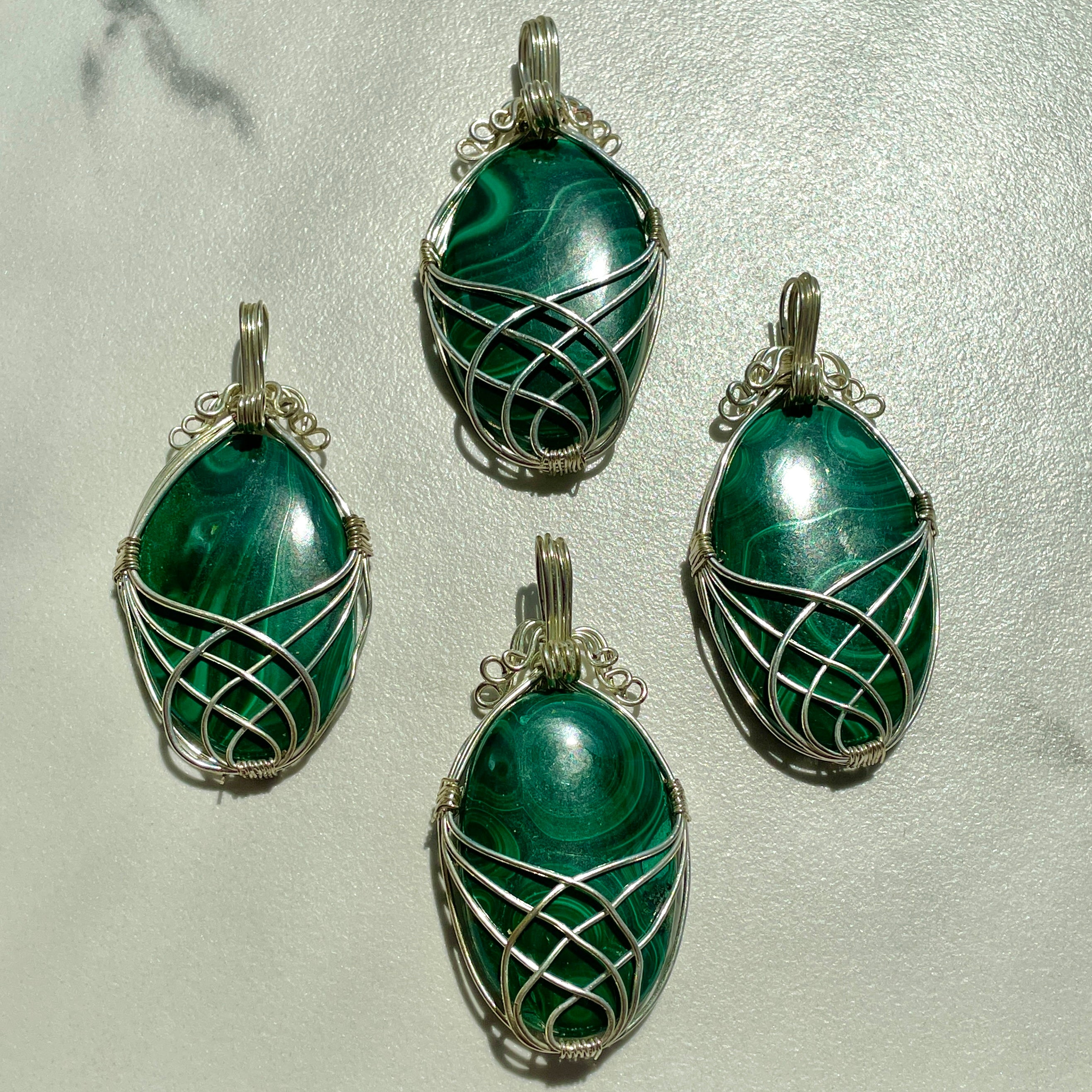 Malachite Wire Wrapped Cabochon Pendant Oval