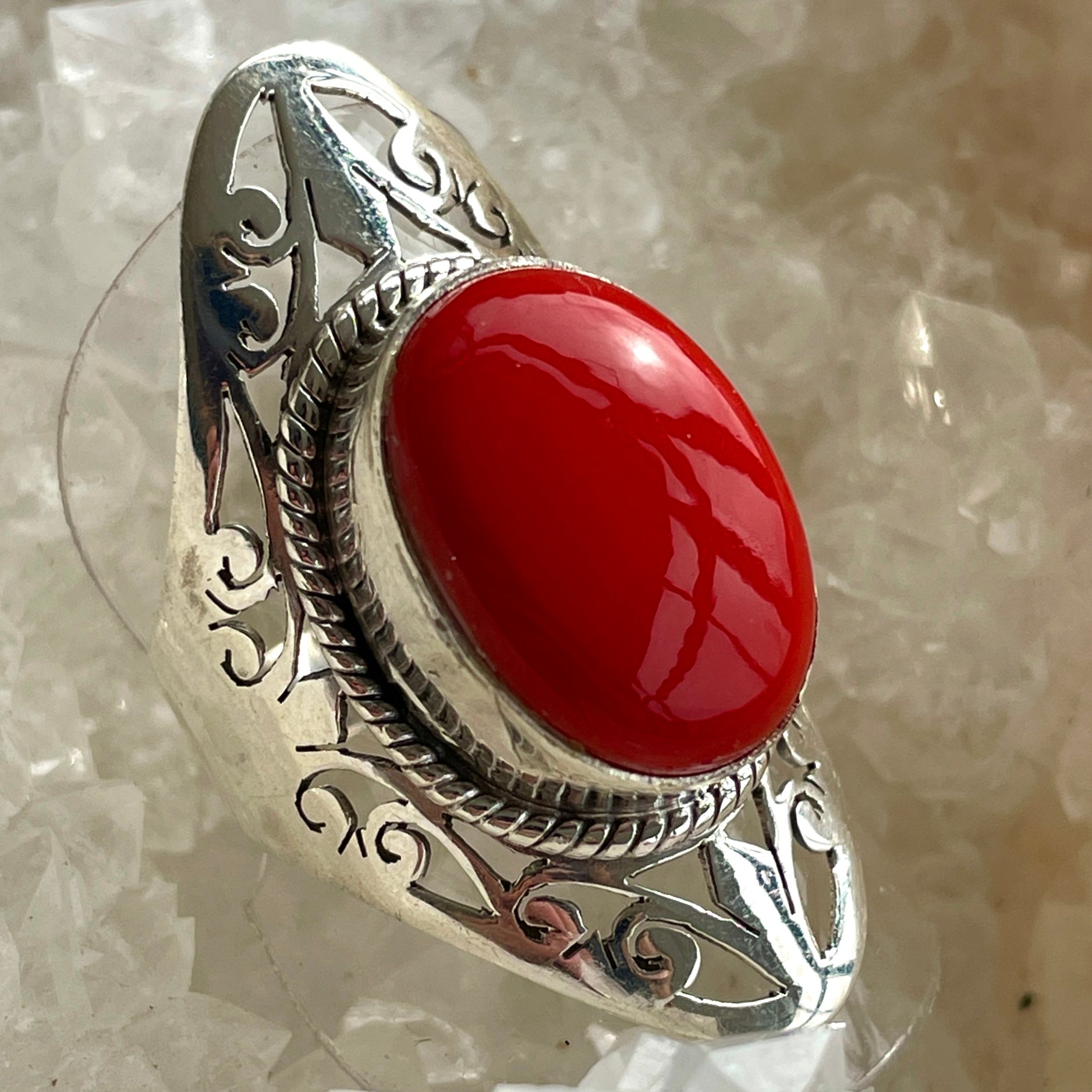 Red Coral Sterling Silver Ring - Sz7 RC3