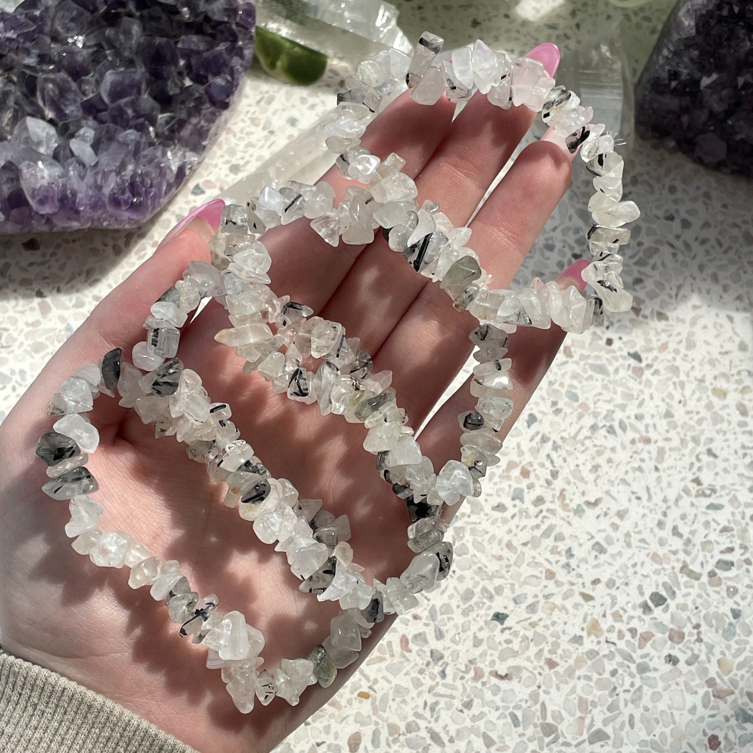 Tourmalinated Quartz Chip Bracelet - Light