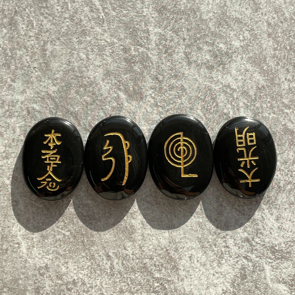 Reiki Symbol Palm Stone Set - Black Agate