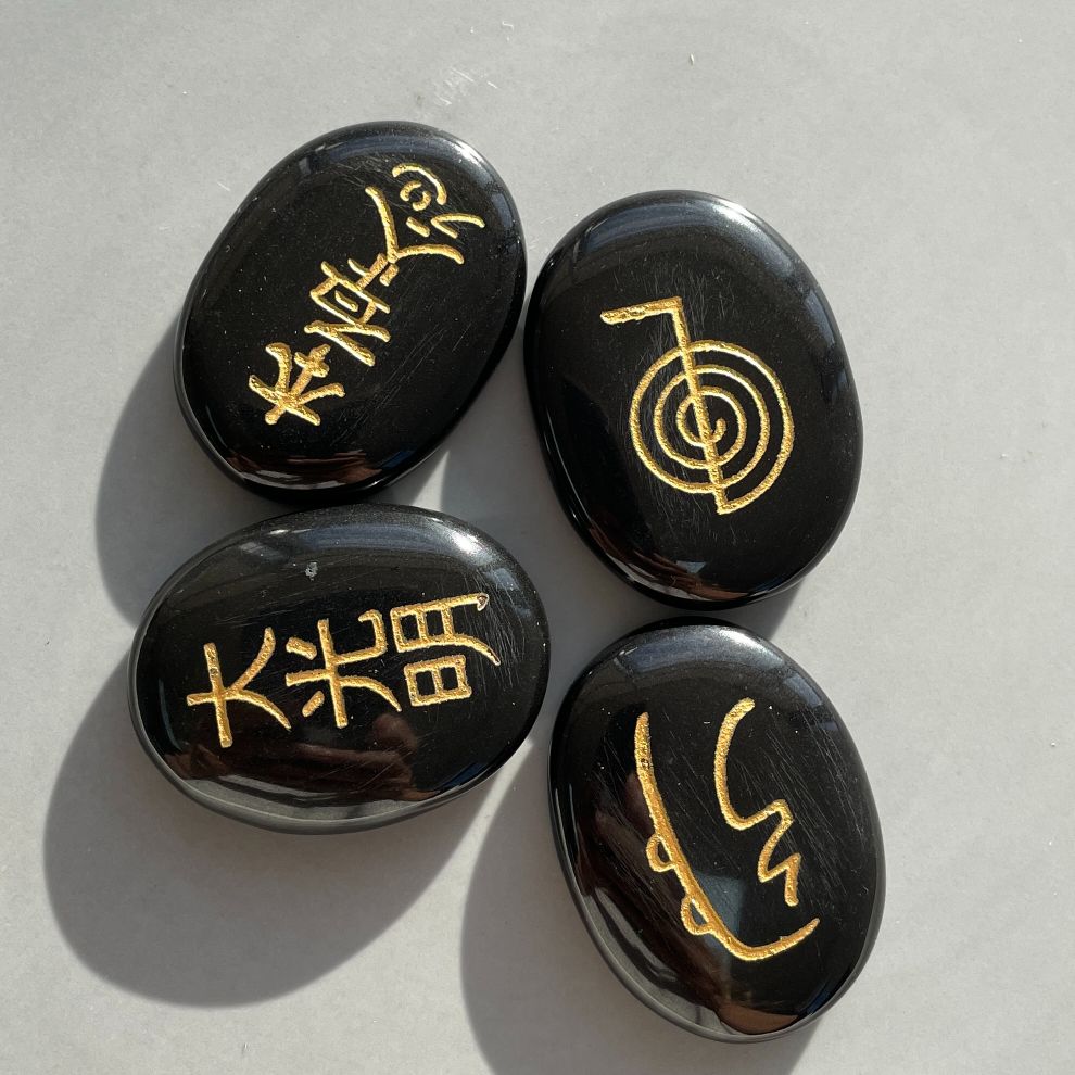 Reiki Symbol Palm Stone Set - Black Agate