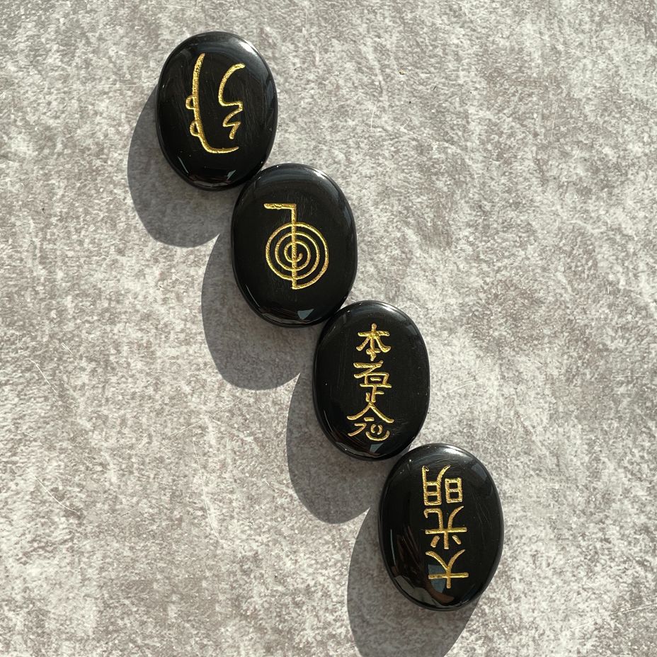 Reiki Symbol Palm Stone Set - Black Agate