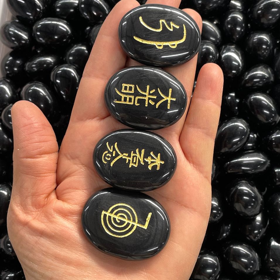 Reiki Symbol Palm Stone Set - Black Agate