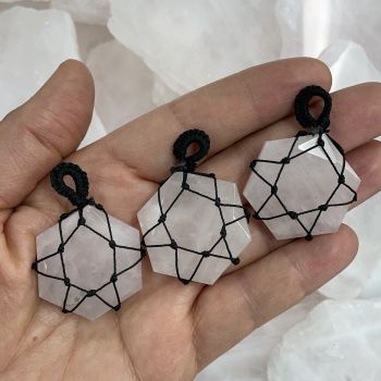 Rose Quartz - Macrame Wrapped Hexagonal Pendant